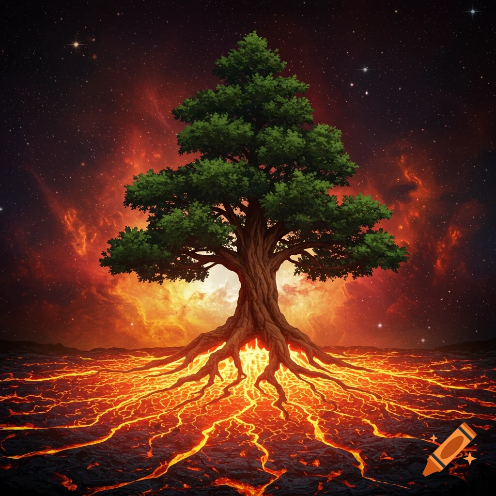 tree with roots in lava under a starry cosmic sky.
