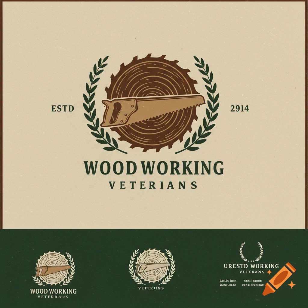 Vintage logo design for Wood Working Veterans with a saw, wood grain texture, and wreath.