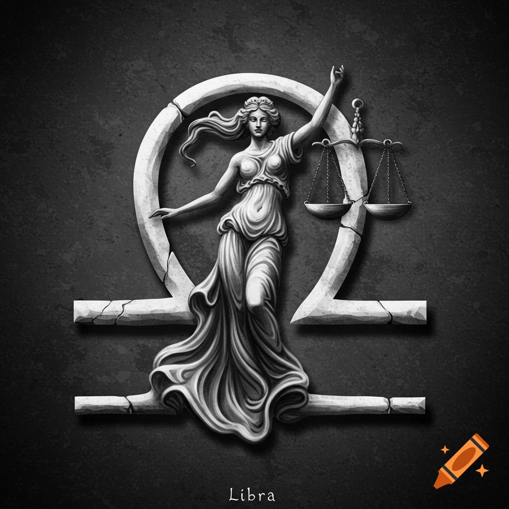 A greyscale image of the Libra zodiac symbol with a classical statue figure holding scales and the word Libra.