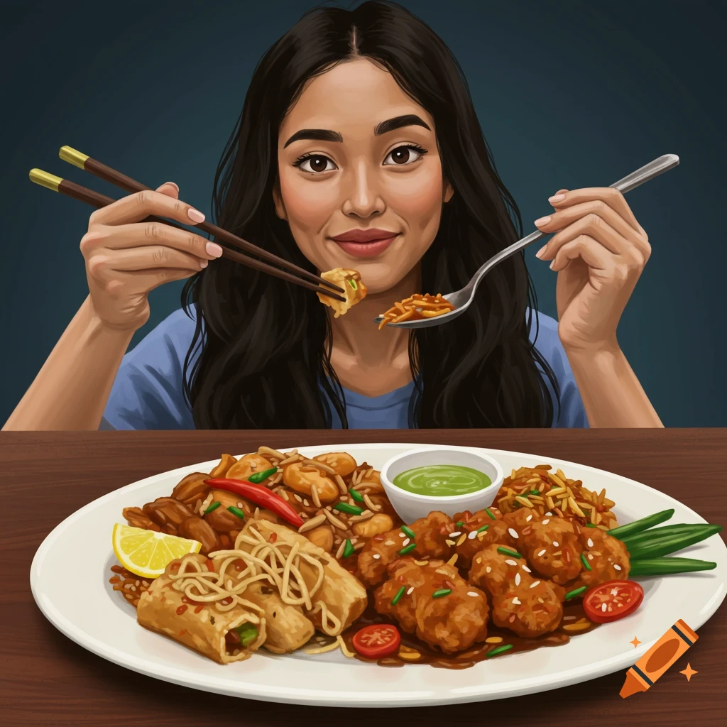 A woman eating Asian food with chopsticks and a spoon.