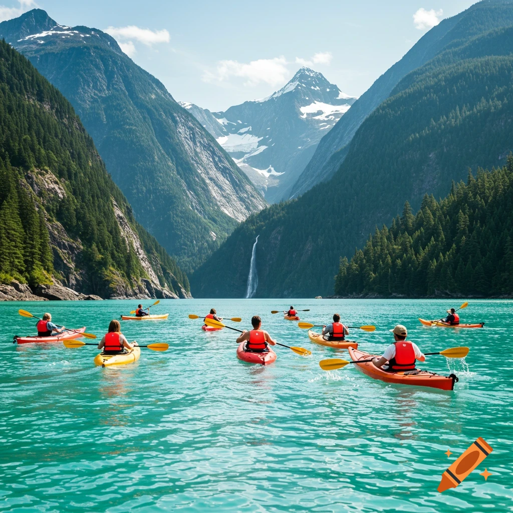 A group of kayakers paddles on a turquoise lake surrounded by mountains and a waterfall on a sunny day. Photorealistic.