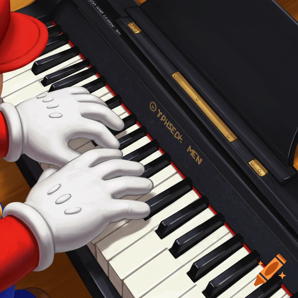 Close-up, top-down view of Mario's white-gloved hands playing a black grand piano.