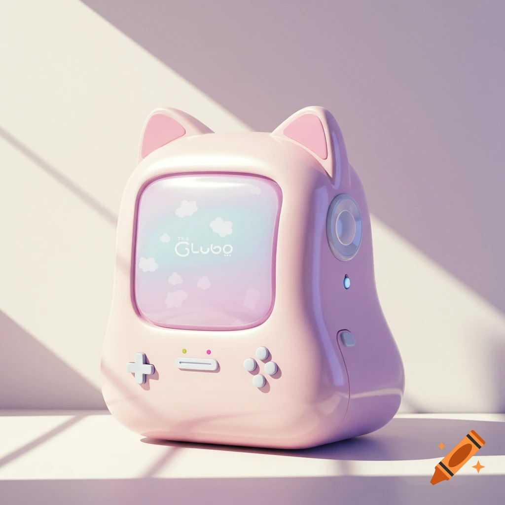 A pink gaming handheld device with cat ears and buttons, showing the word GLUBO on the screen.