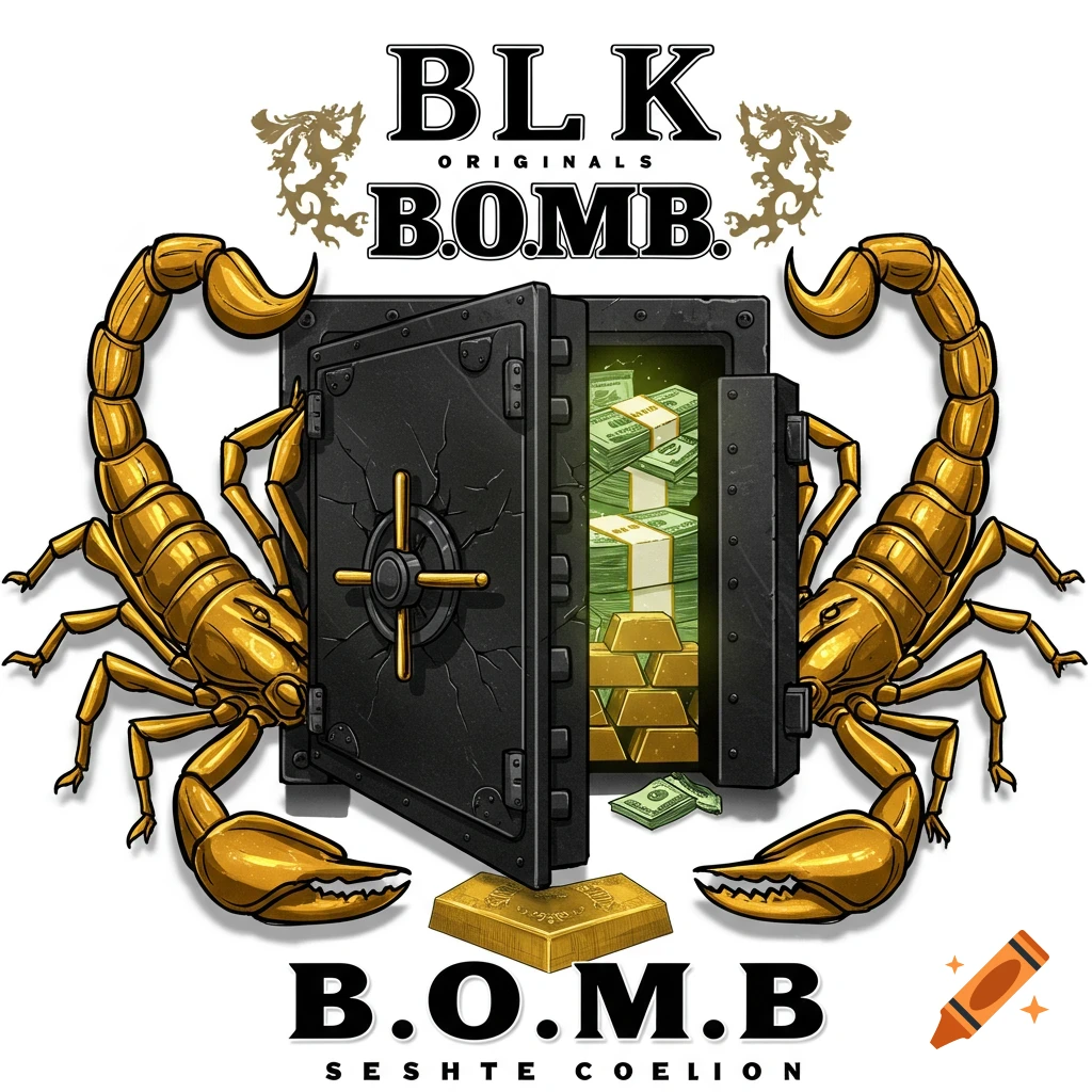 Logo with a black vault filled with cash and gold, flanked by two golden scorpions. Text reads "BLK ORIGINALS B.O.M.B.".