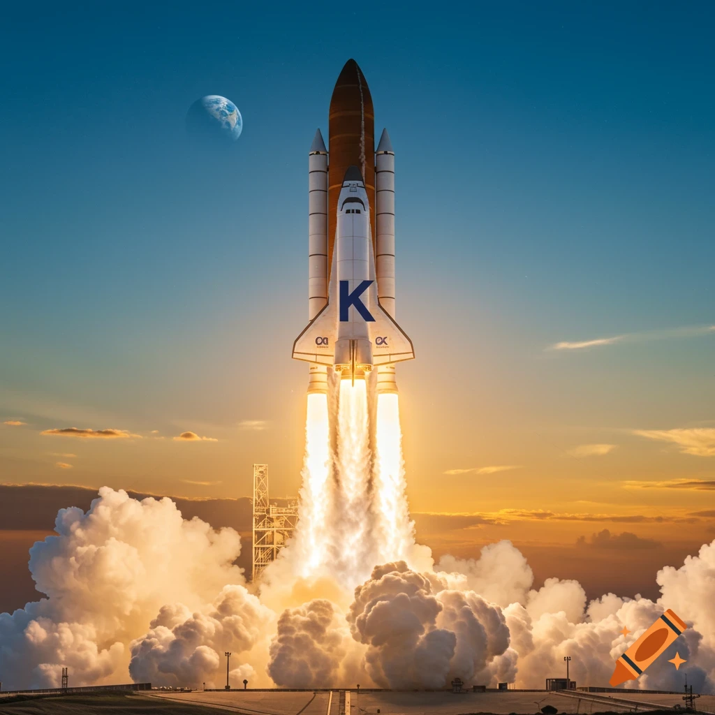 Photorealistic space shuttle rocket launch with a large K symbol at sunset with clouds below and the Earth in the sky.