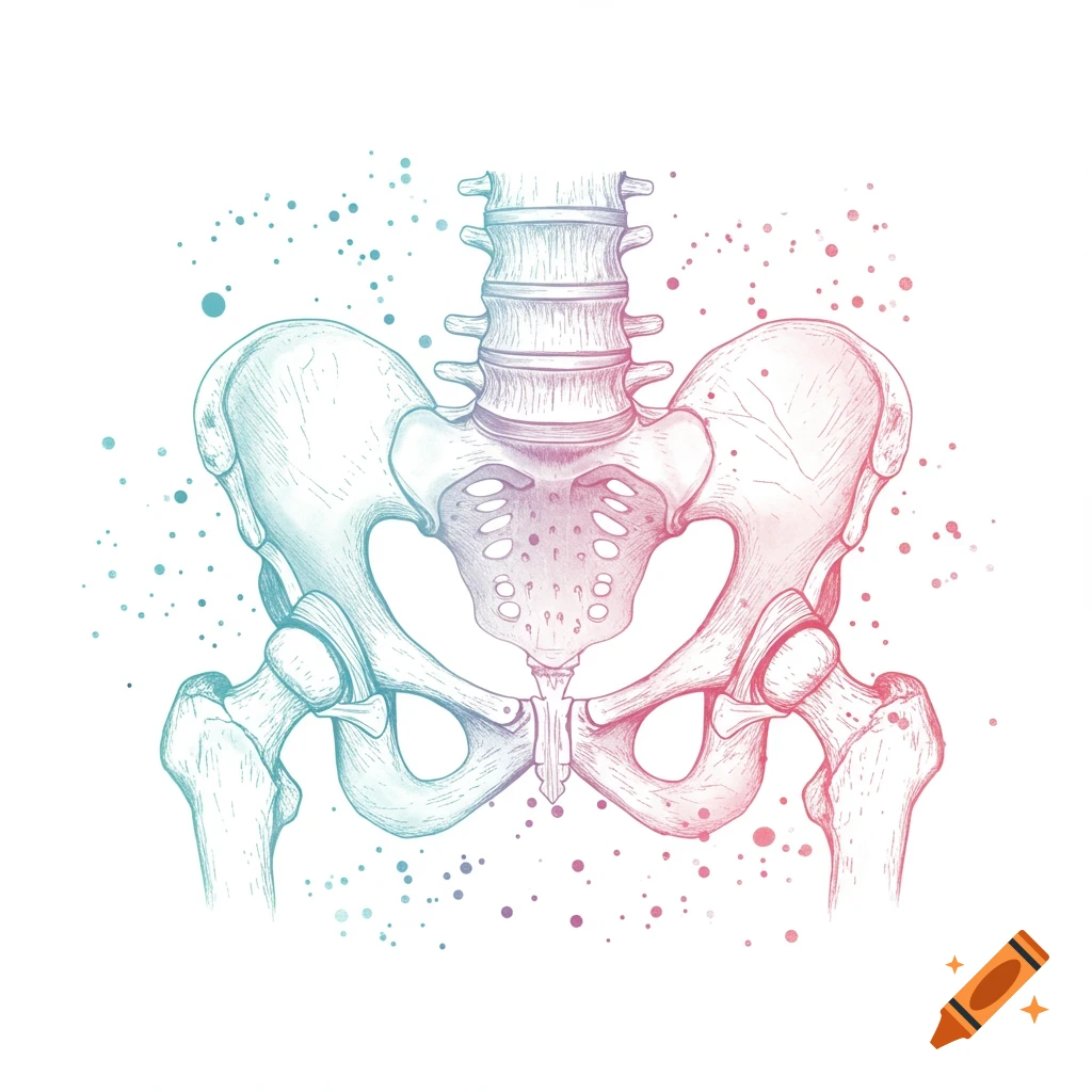 Watercolor drawing of the human pelvis, lower spine, and upper femurs with blue and red splashes.