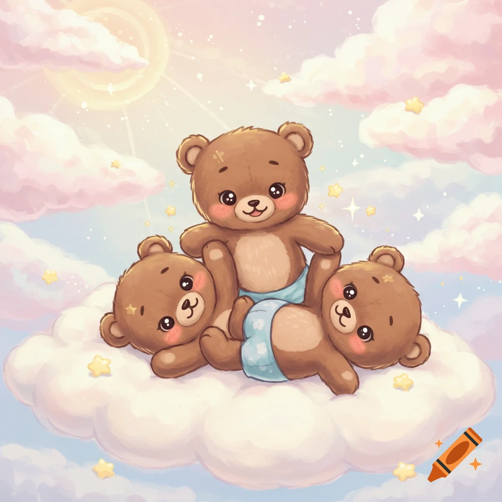 Three cute teddy bears wearing diapers lie on a cloud with stars in a pastel sky.