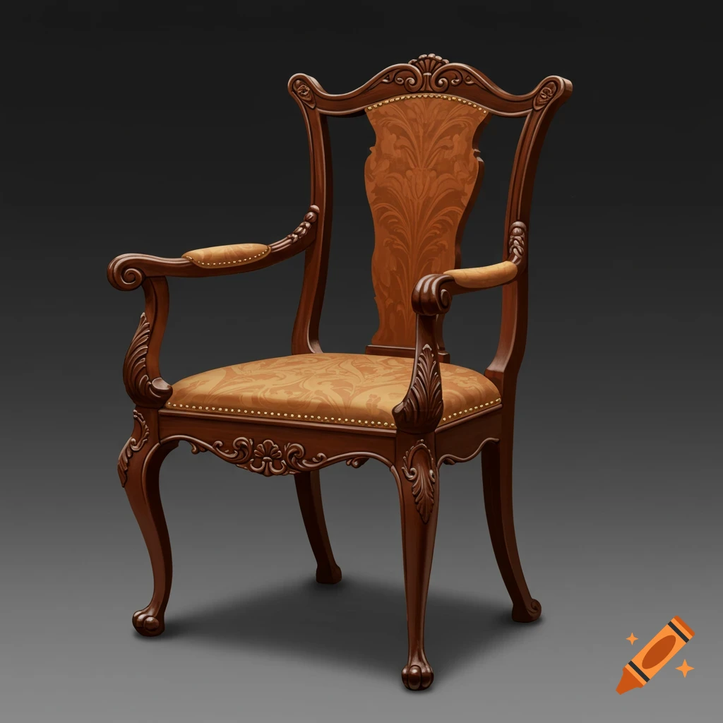 An ornate wooden armchair with patterned upholstery.