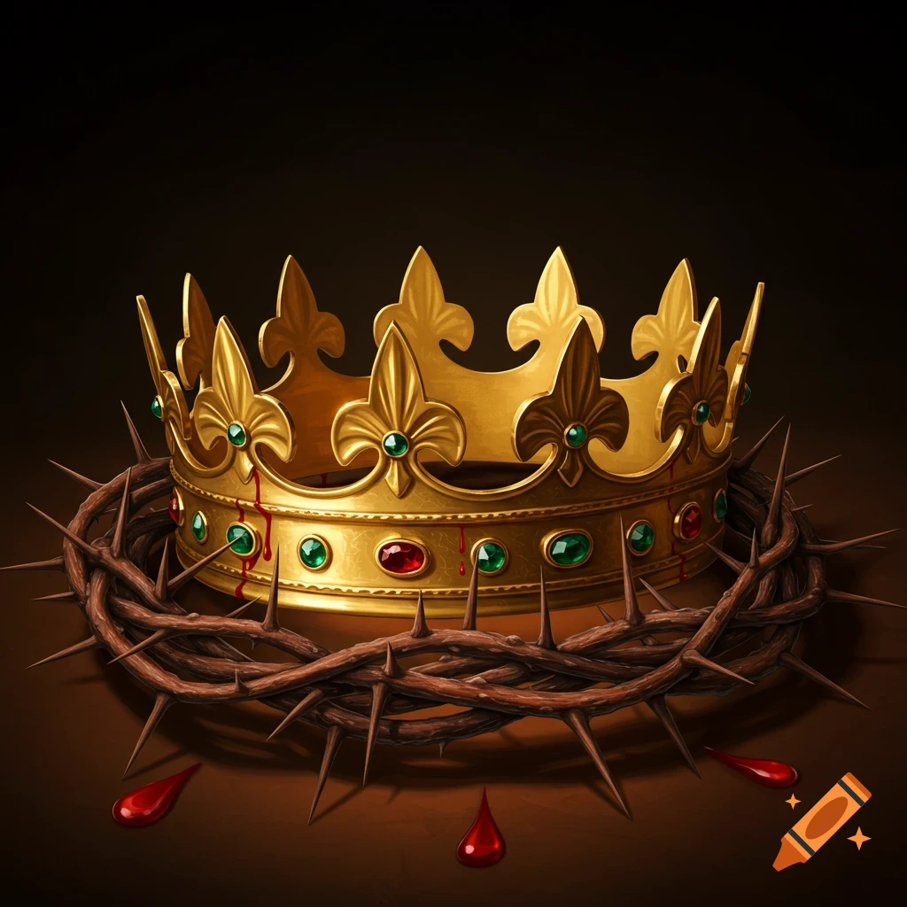 A golden king's crown rests upon a crown of thorns, with crimson blood drops scattered across the thorns.
