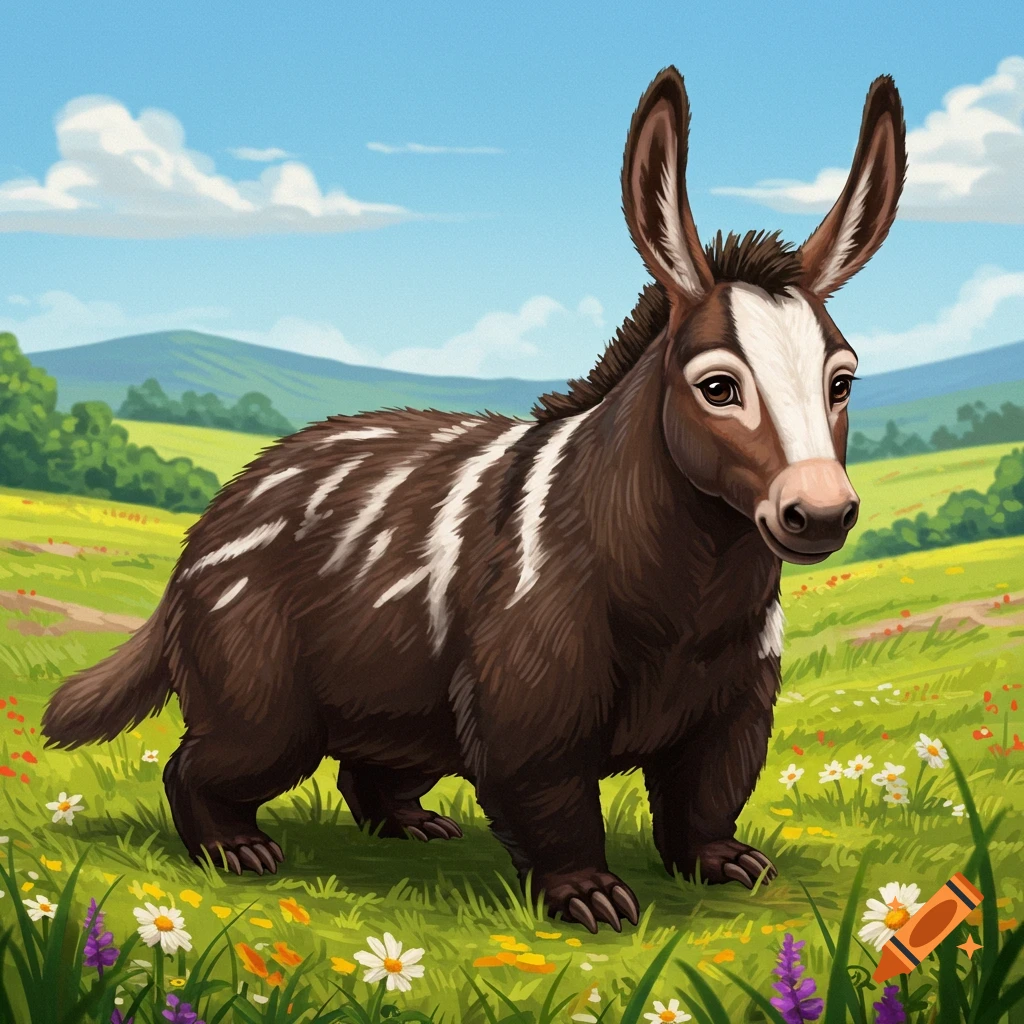 A badger-mule hybrid standing in a grassy field with flowers.