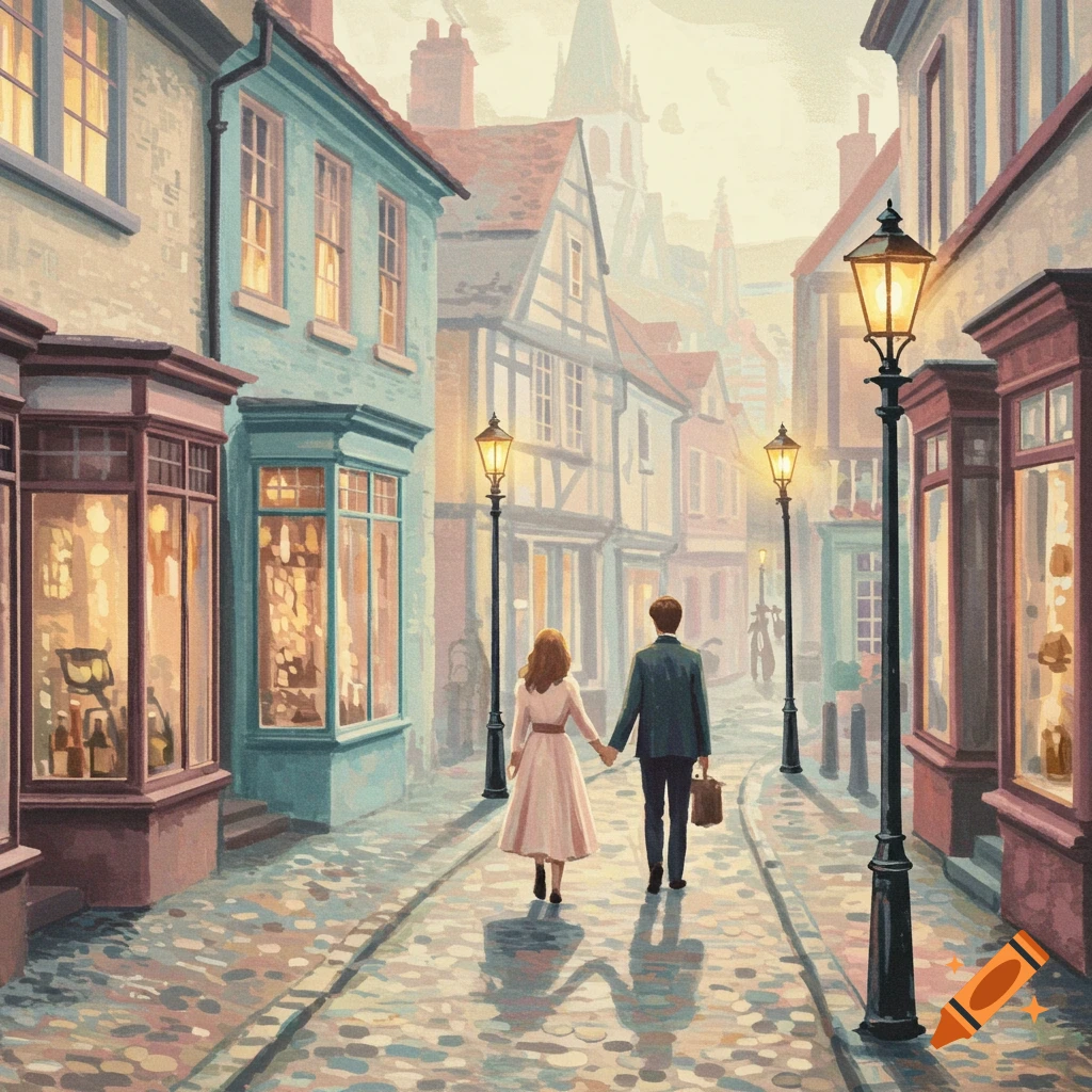 A couple walks hand-in-hand down a cobbled street lined with old buildings and gas lamps.