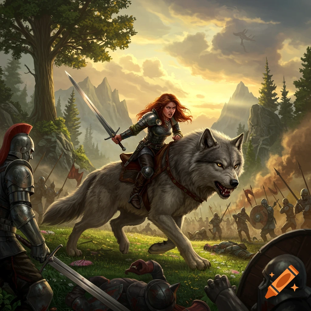 A woman warrior riding a giant wolf charges into battle against an army in a fantasy landscape.