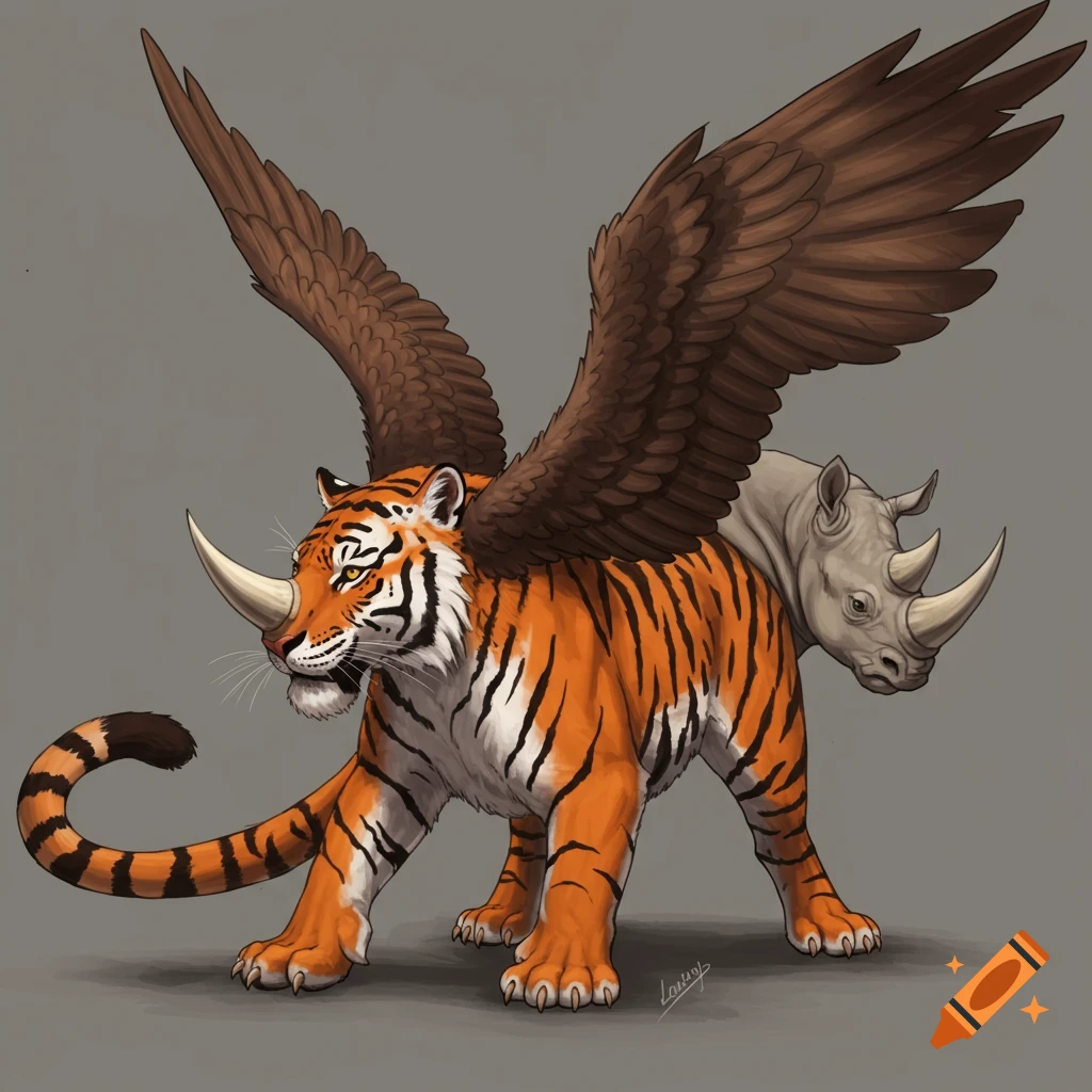 A hybrid creature with a tiger body, rhino horn, hawk wings, and segmented tail.
