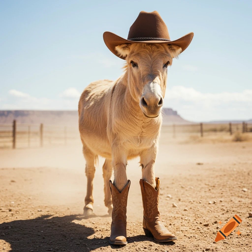 A photorealistic image of a donkey wearing a cowboy hat and cowboy boots in a dusty desert.