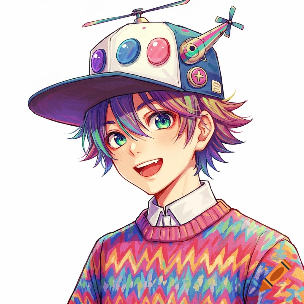 Anime boy with rainbow hair and eyes, wearing a colorful helicopter hat and sweater.