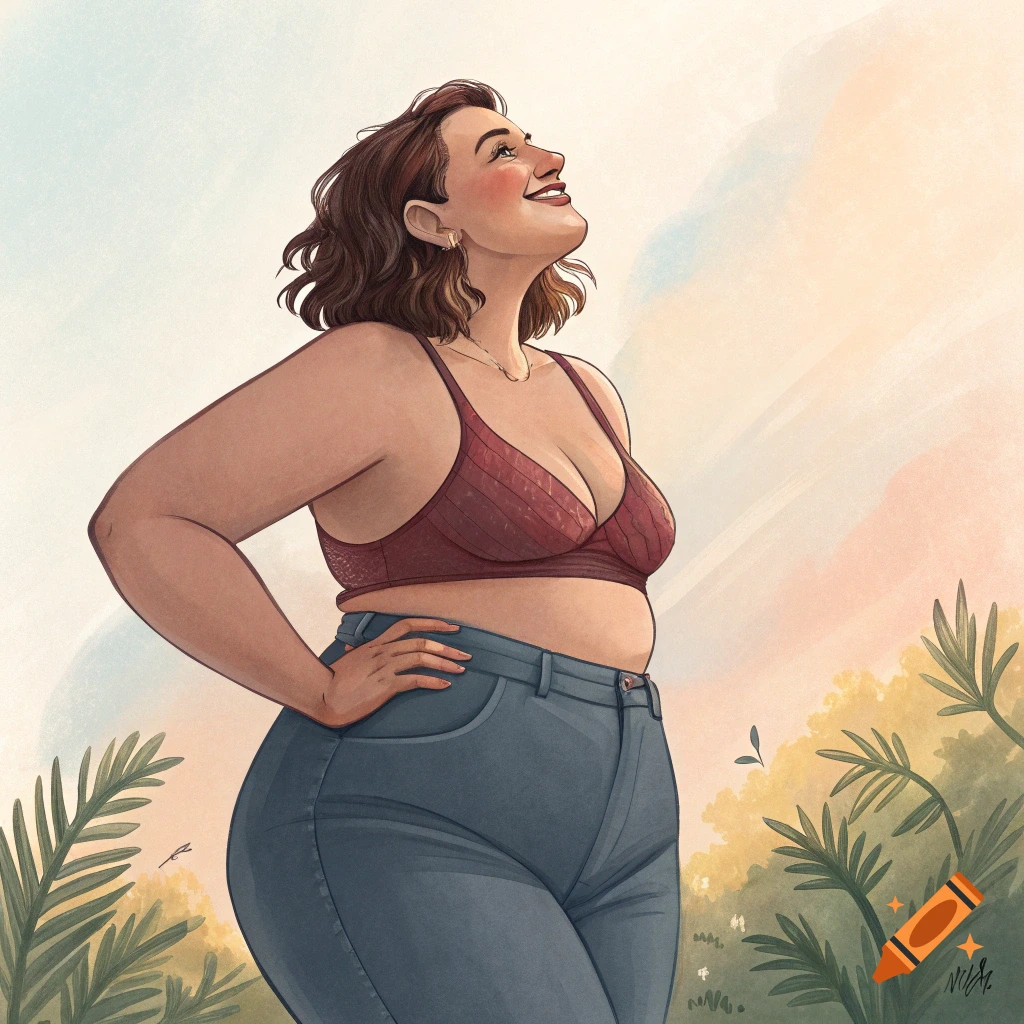 Illustration of a smiling woman in a bra and jeans, looking up with hands on her hips, in an outdoor setting.