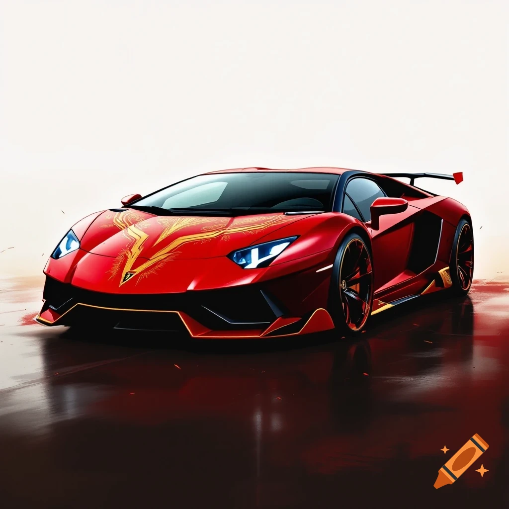 A red Lamborghini sports car with a golden design on the hood.