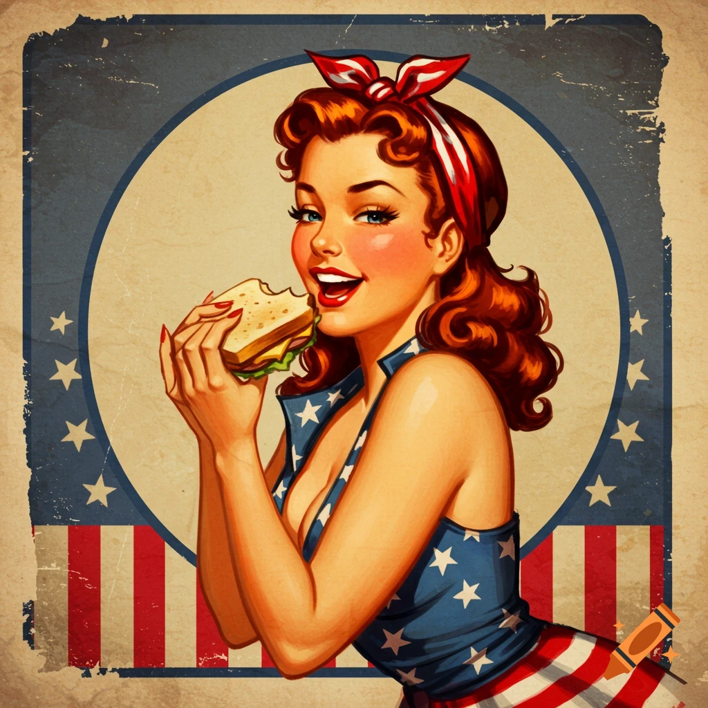 Vintage illustration of a red-haired pin-up woman in a stars and stripes outfit eating a sandwich against a US flag background.