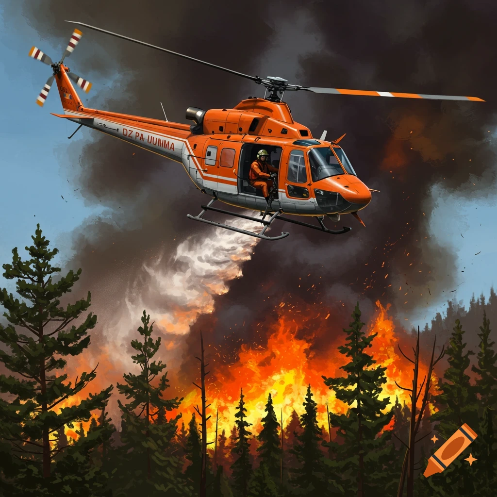 An orange helicopter fighting a forest fire by dropping water.