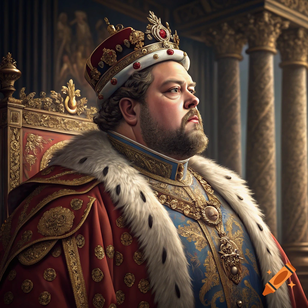 Portrait of a portly man in a crown and ornate royal robes, seated on a throne.