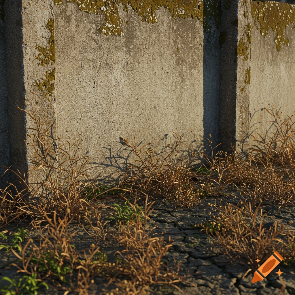 Close-up photorealistic image of a weathered concrete wall with moss, dry weeds and plants on cracked ground in strong sunlight.