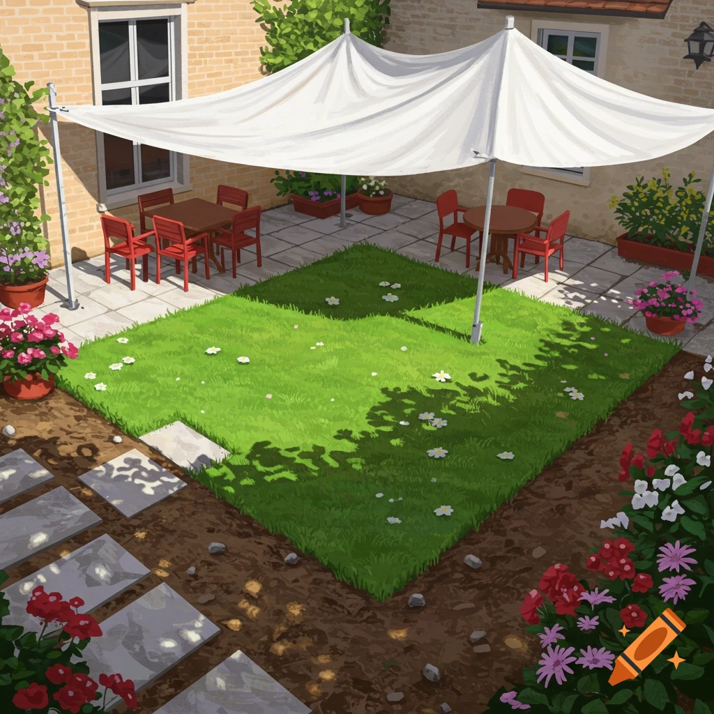 A garden patio with a square lawn, stone path, red chairs under a white tent, and flowers.