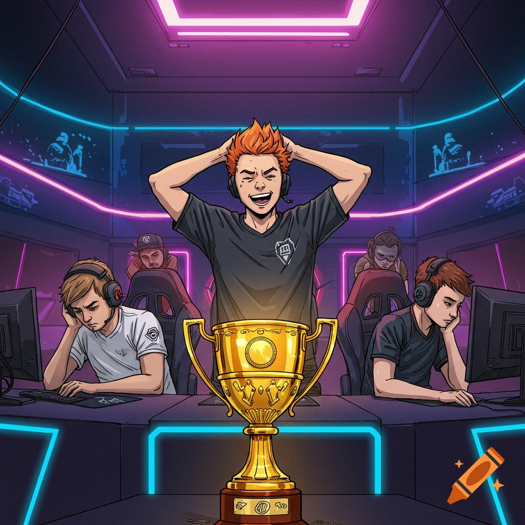 Cartoon of gamers in an esports tournament with a trophy, one player cheering