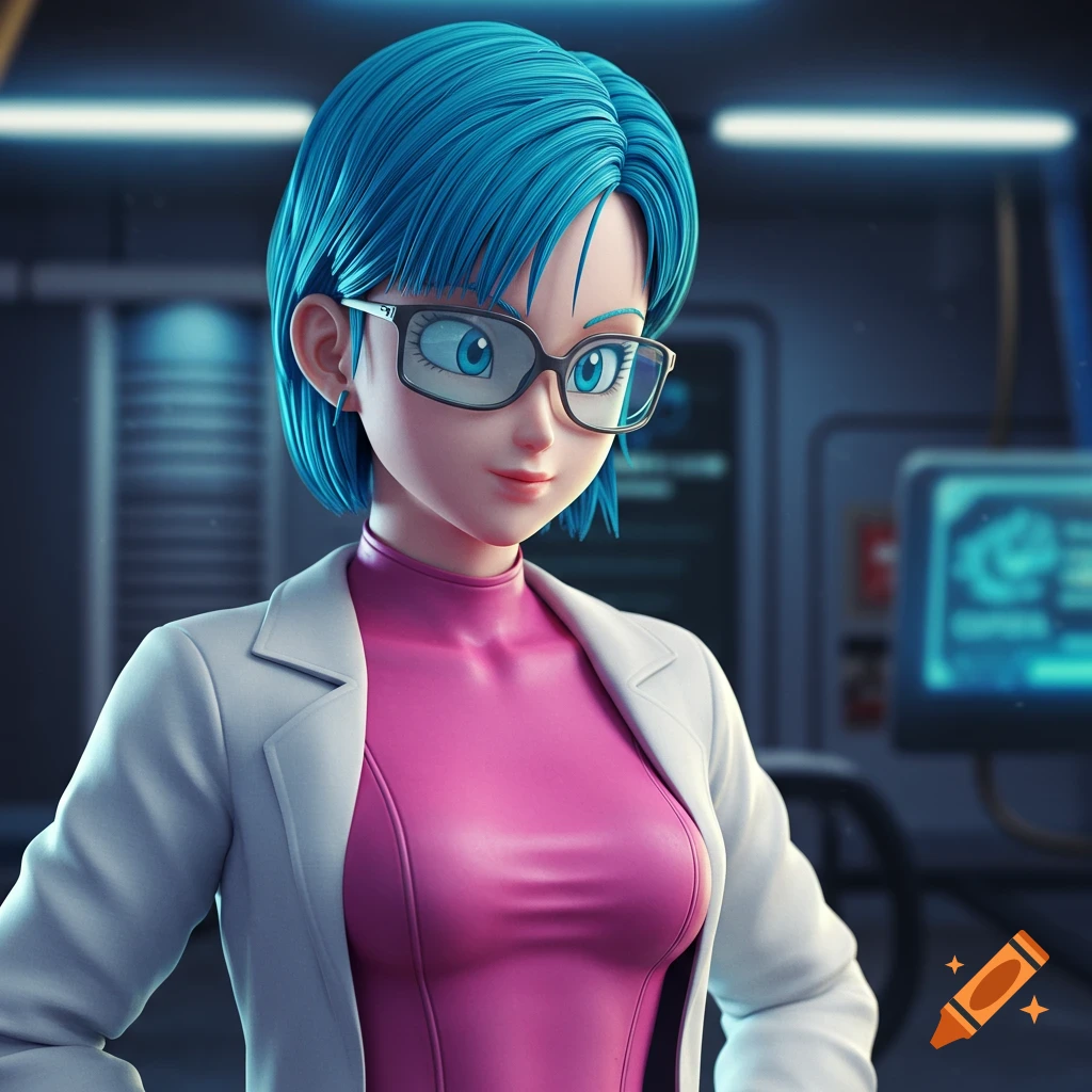 Anime woman with blue hair and glasses wearing a lab coat in a science lab.
