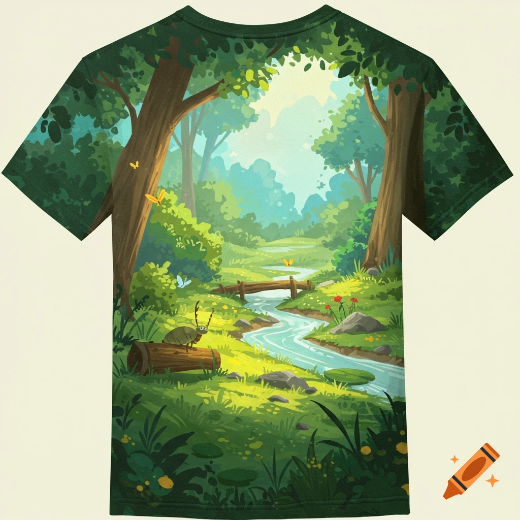 A stylized retro landscape featuring a forest scene, a winding stream with a small bridge, and a large insect on a log in the foreground. The image is printed on a green t-shirt.