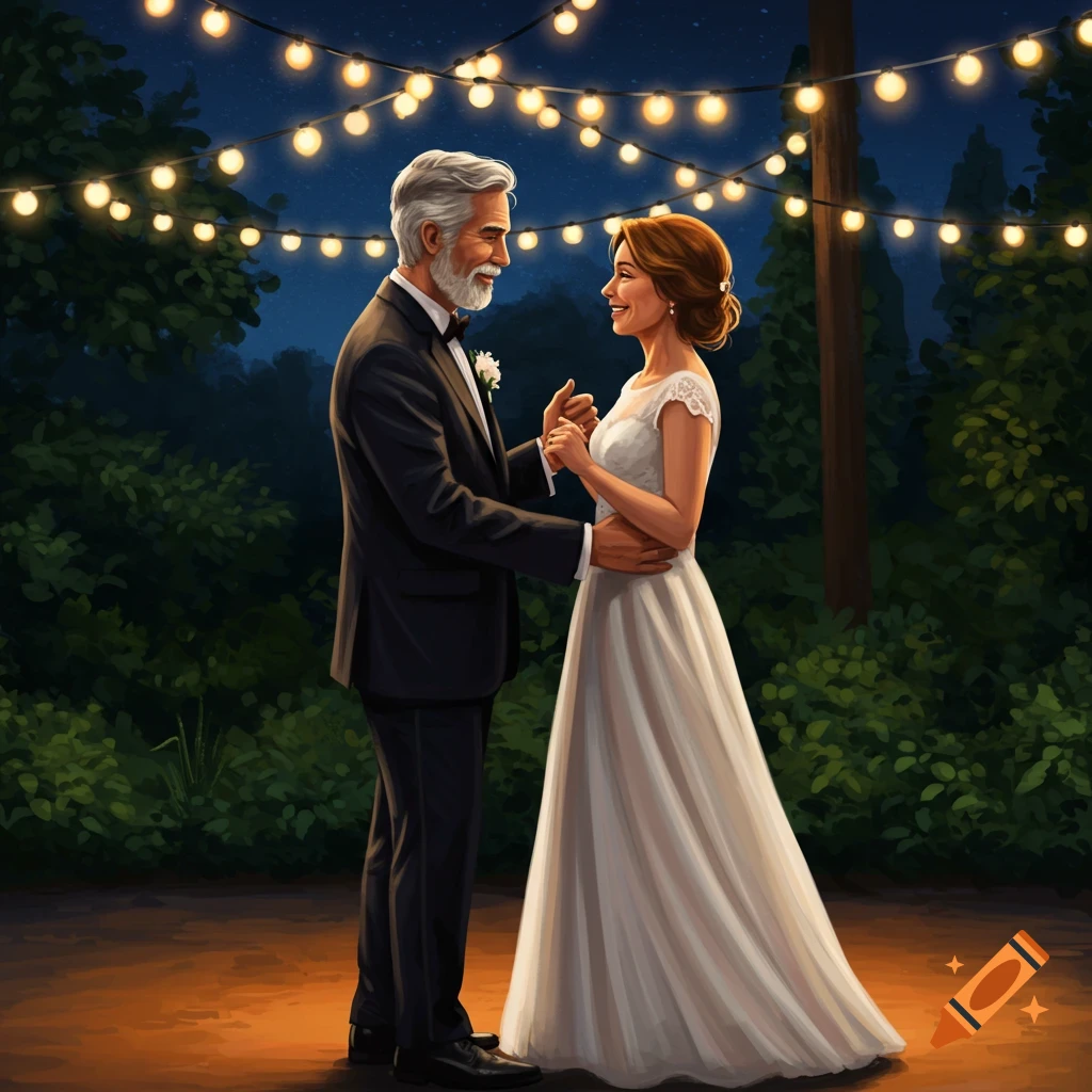 An older couple is dancing outdoors under string lights