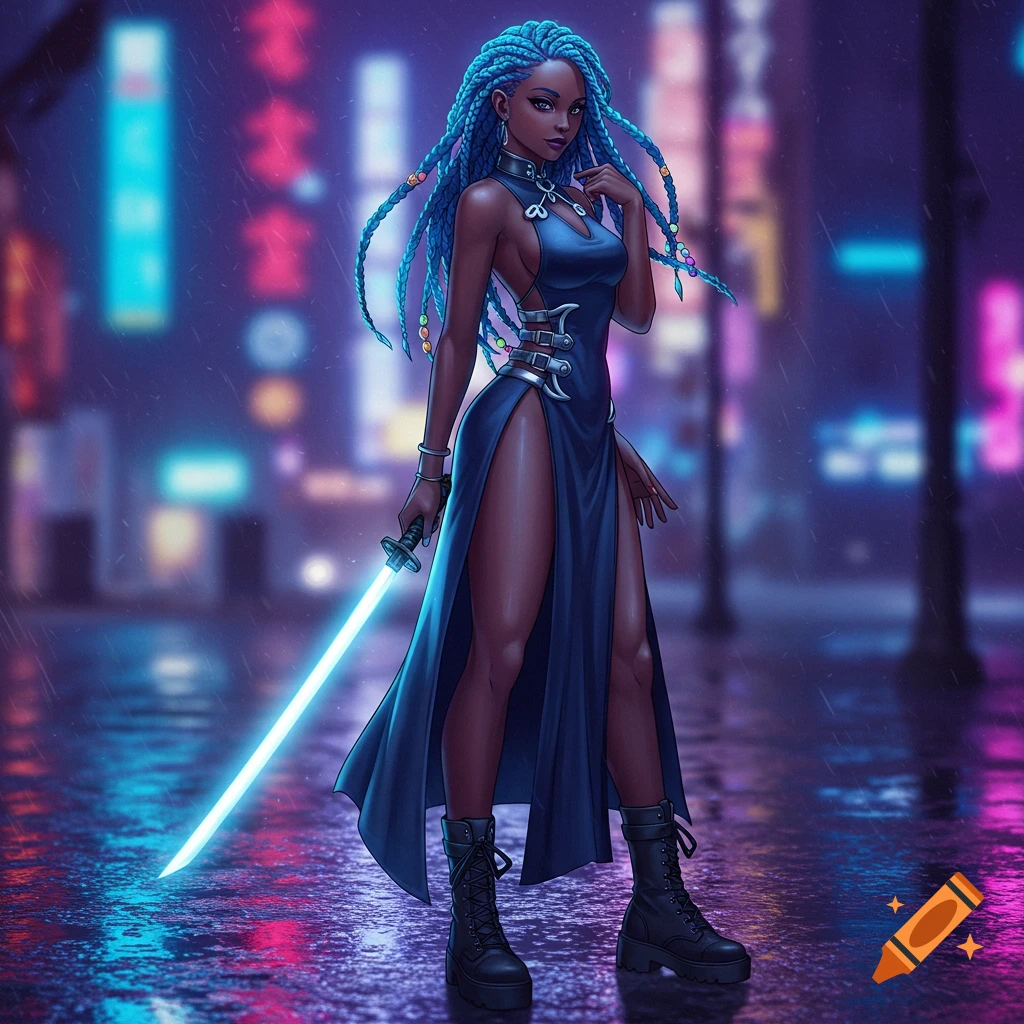 Anime illustration of a Black woman with blue braids in a high-slit dress, holding a glowing sword in a rainy cyberpunk city street.