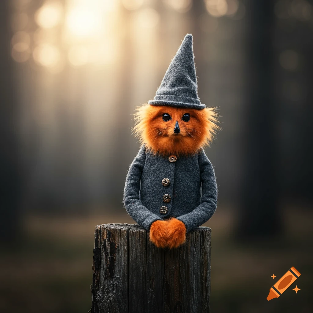 A fluffy orange fox-like creature in a gray suit and hat sits on a log in a forest.