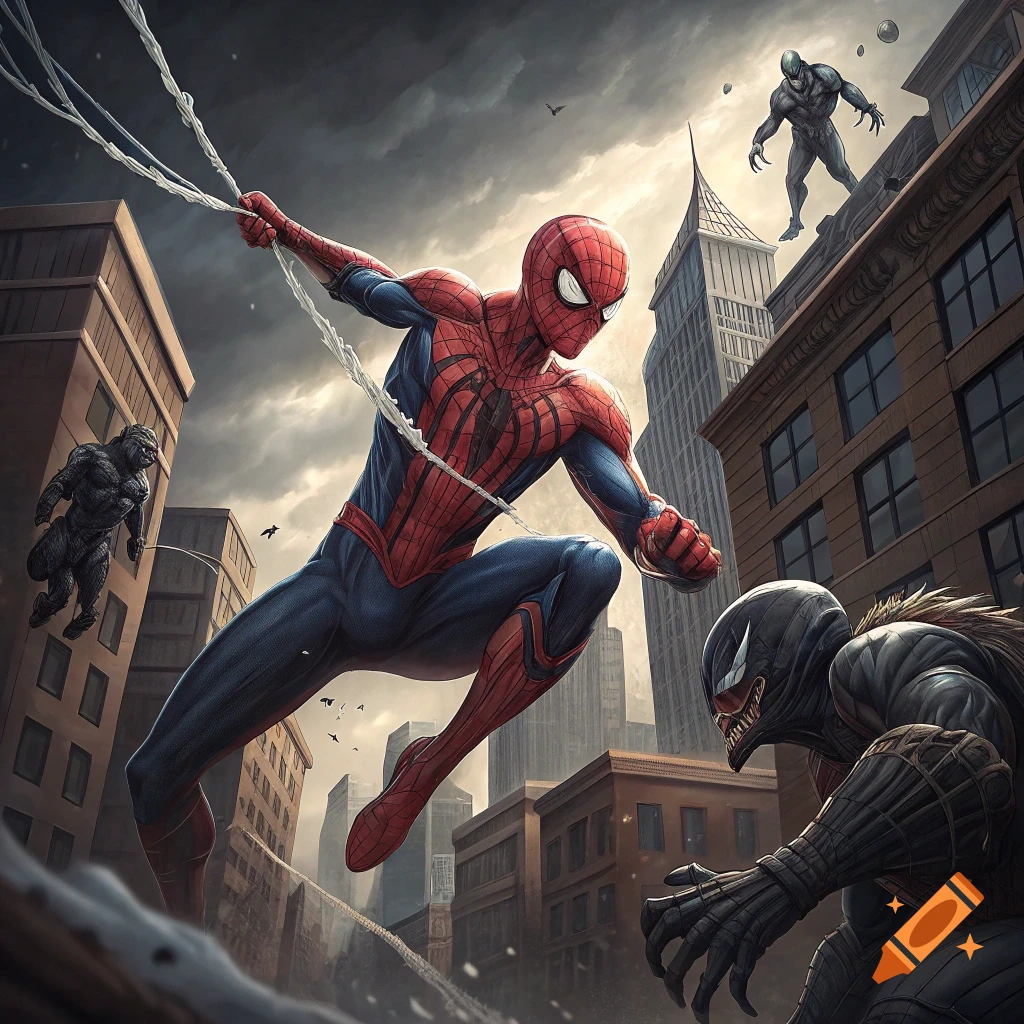 Spider-Man swings through a city street fighting multiple black, monstrous villains.