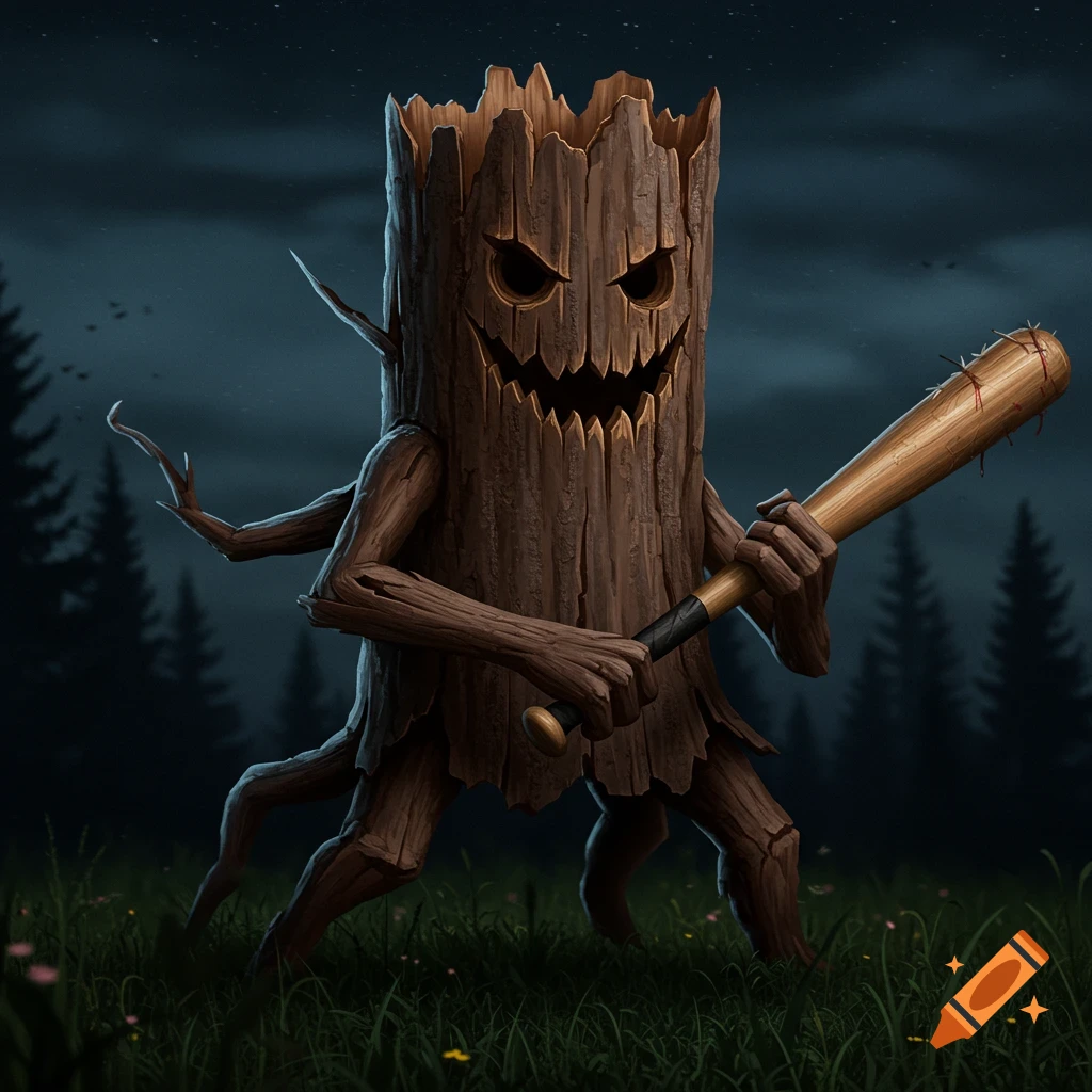 A scary tree stump creature holding a baseball bat in a field at night.