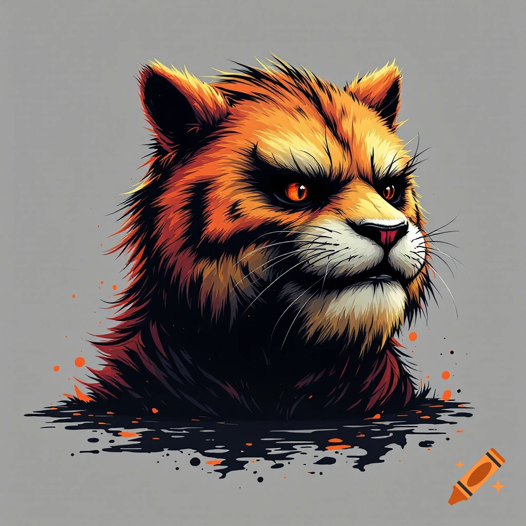 A stylized image of an orange cat head with glowing red eyes and paint splatters.