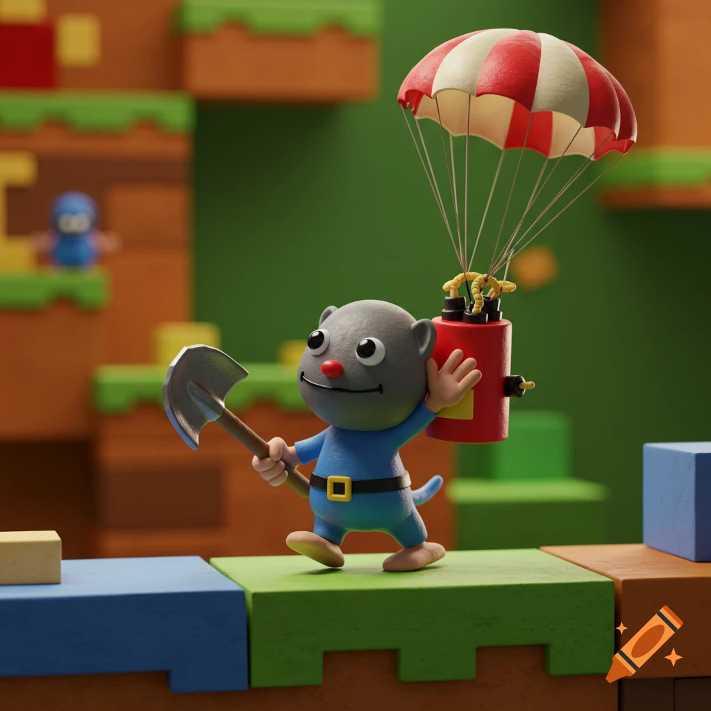 A mole-like character with a shovel and parachute in a blocky video game world.