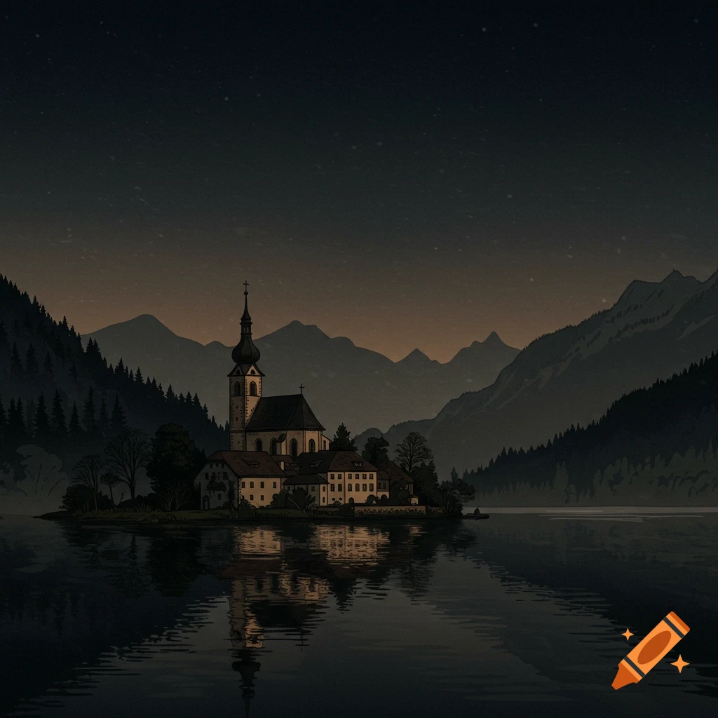 Hand-drawn illustration of a monastery on an island in a lake at night, surrounded by mountains and stars.