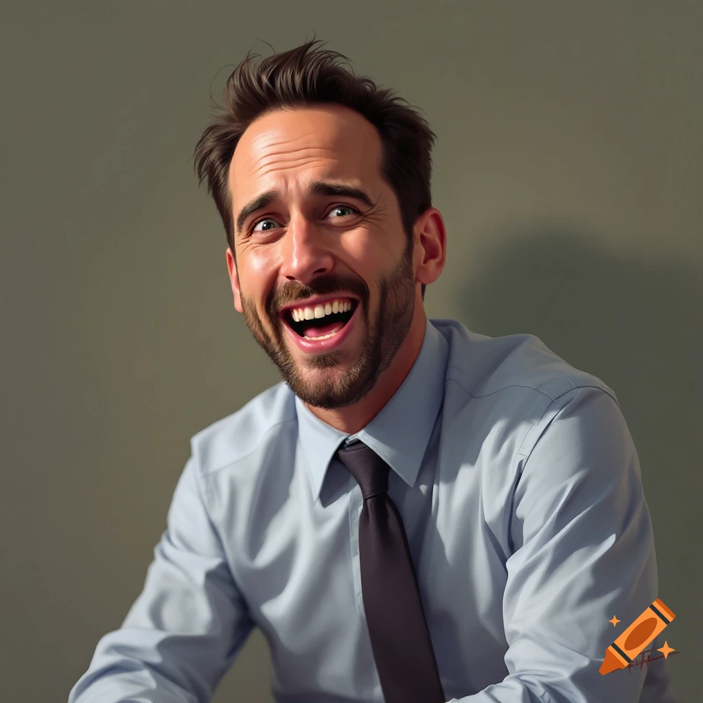 A man in a shirt and tie laughing heartily.