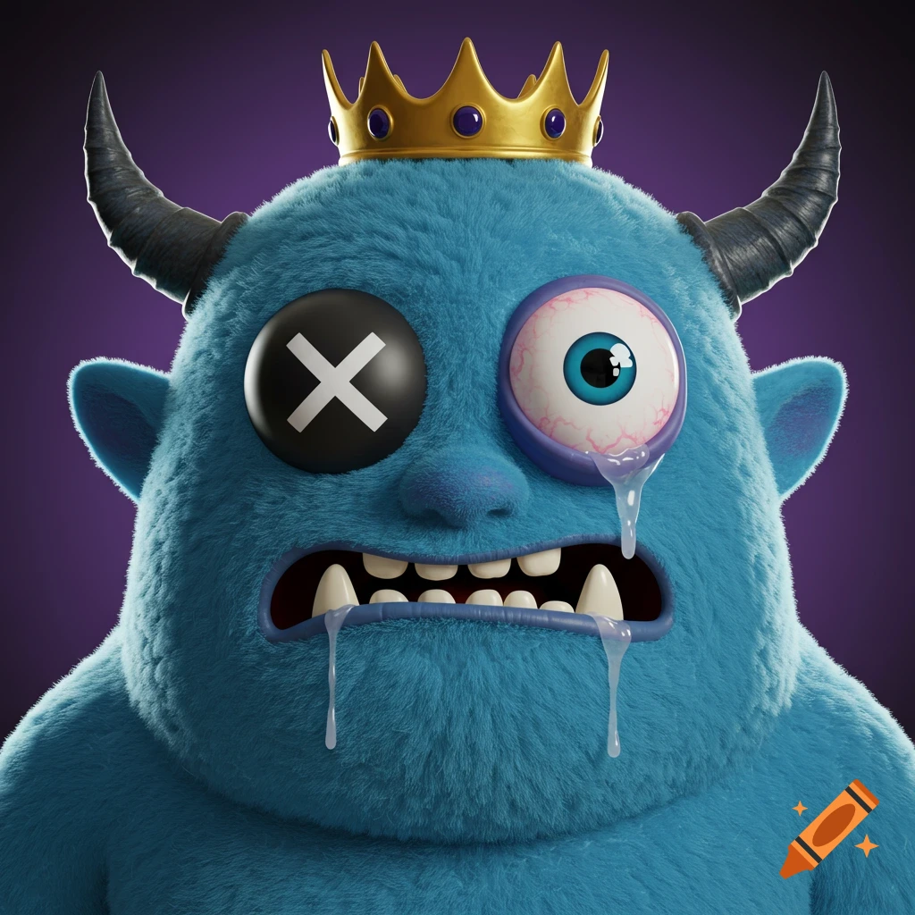 A fluffy blue monster with a gold crown, one eye an X, the other a blue eye, and drool. Digital art.