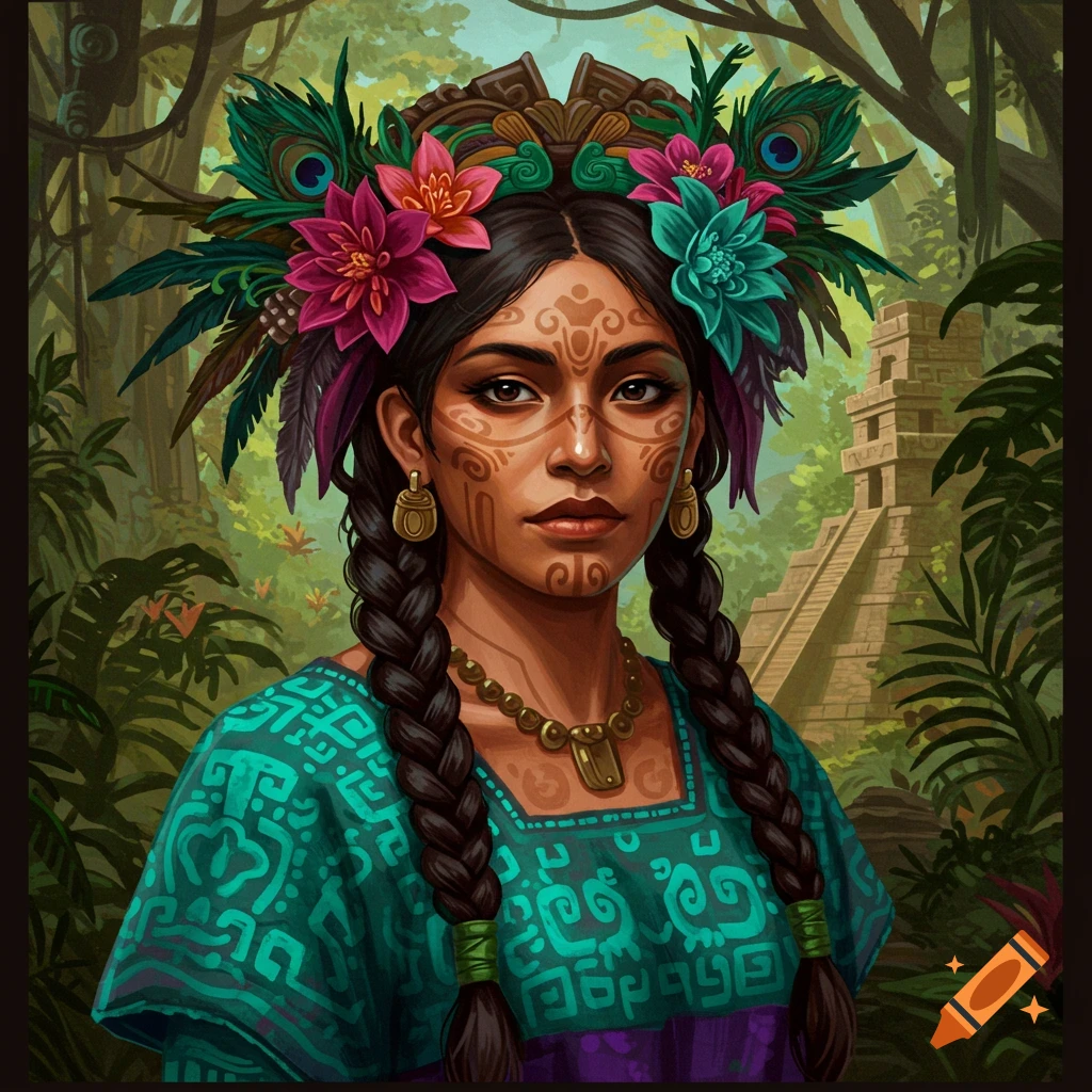 A Mayan woman with face paint and feathered headdress in a jungle with a pyramid.
