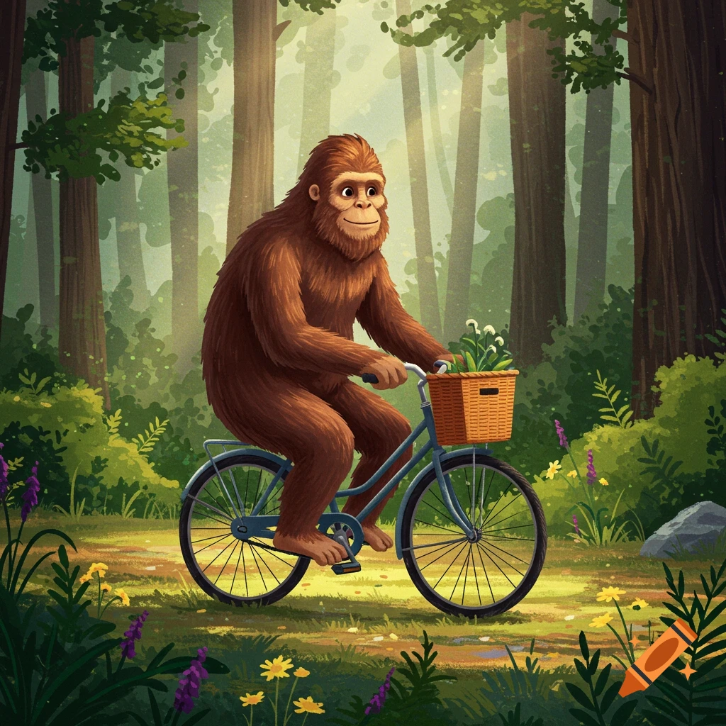 A Sasquatch riding a bicycle through a sunlit forest path.