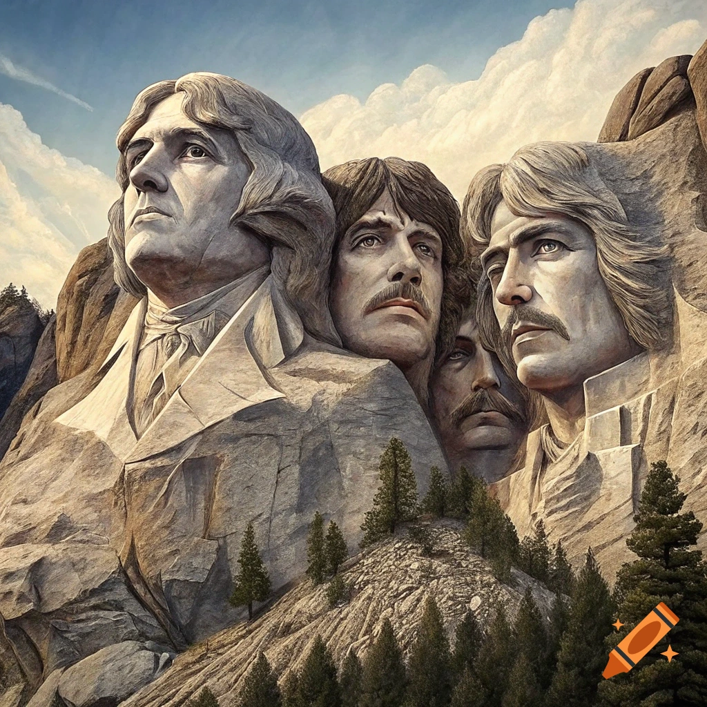Four carved faces resembling musicians on a rocky mountain, like Mount Rushmore, under a cloudy sky.