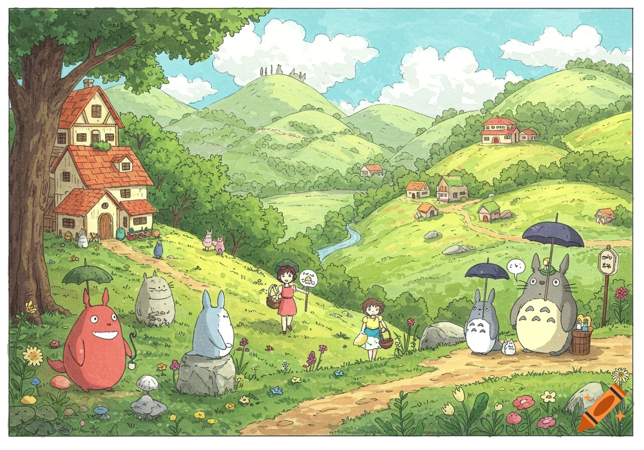 Ghibli-style characters including Totoro in a lush green countryside landscape with houses, hills, and flowers.