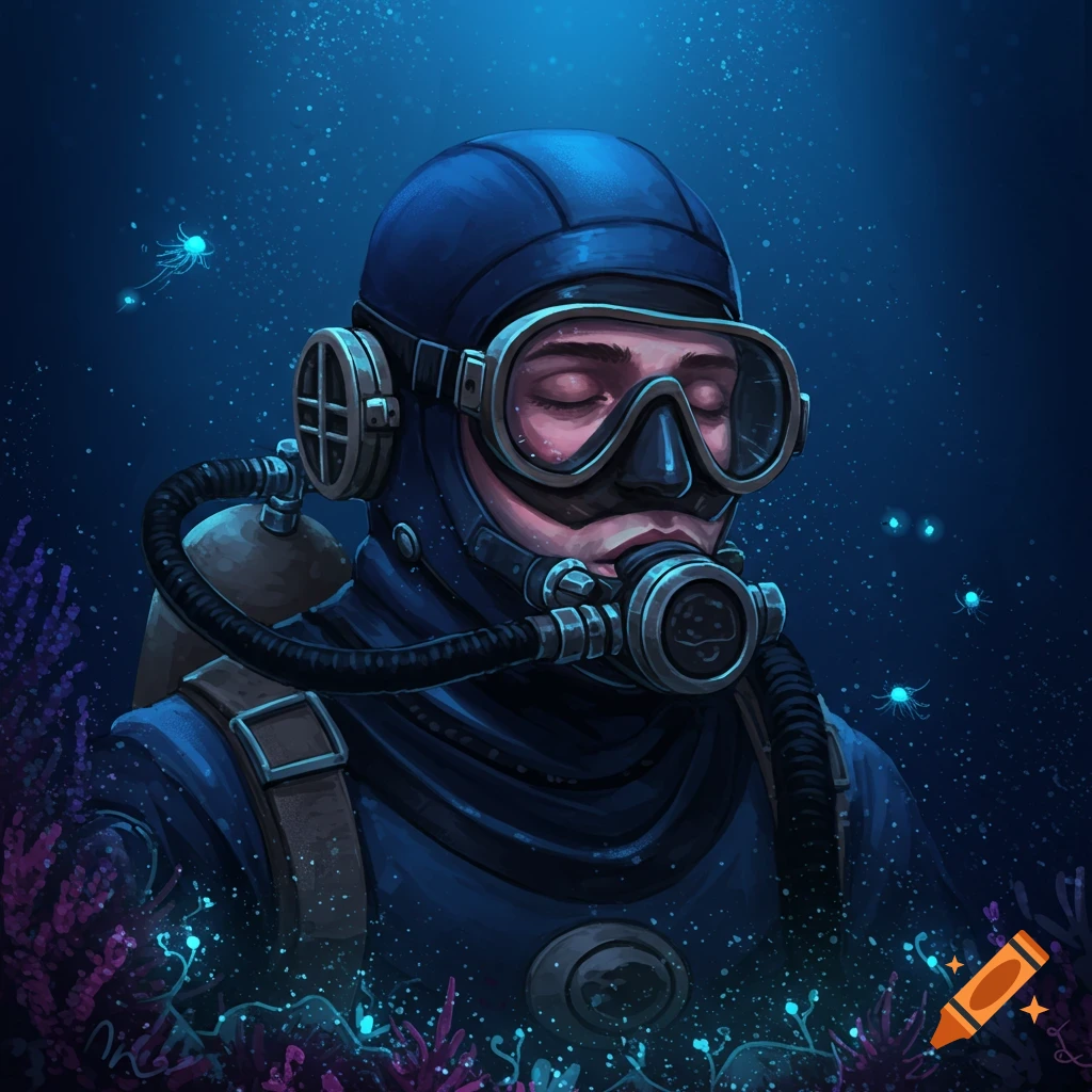 Image of a deep diver underwater with closed eyes, surrounded by glowing blue creatures and purple plants.