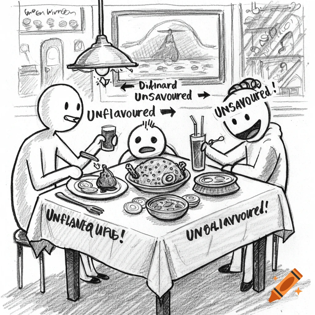A scribbly pencil sketch of stick figures eating Indian food with arrows labeled 'unflavoured' and 'unsavoured'.
