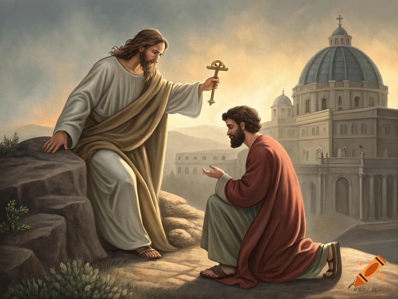 Painting of Jesus giving two keys to Saint Peter who is kneeling on a rock. A large domed building is in the background.