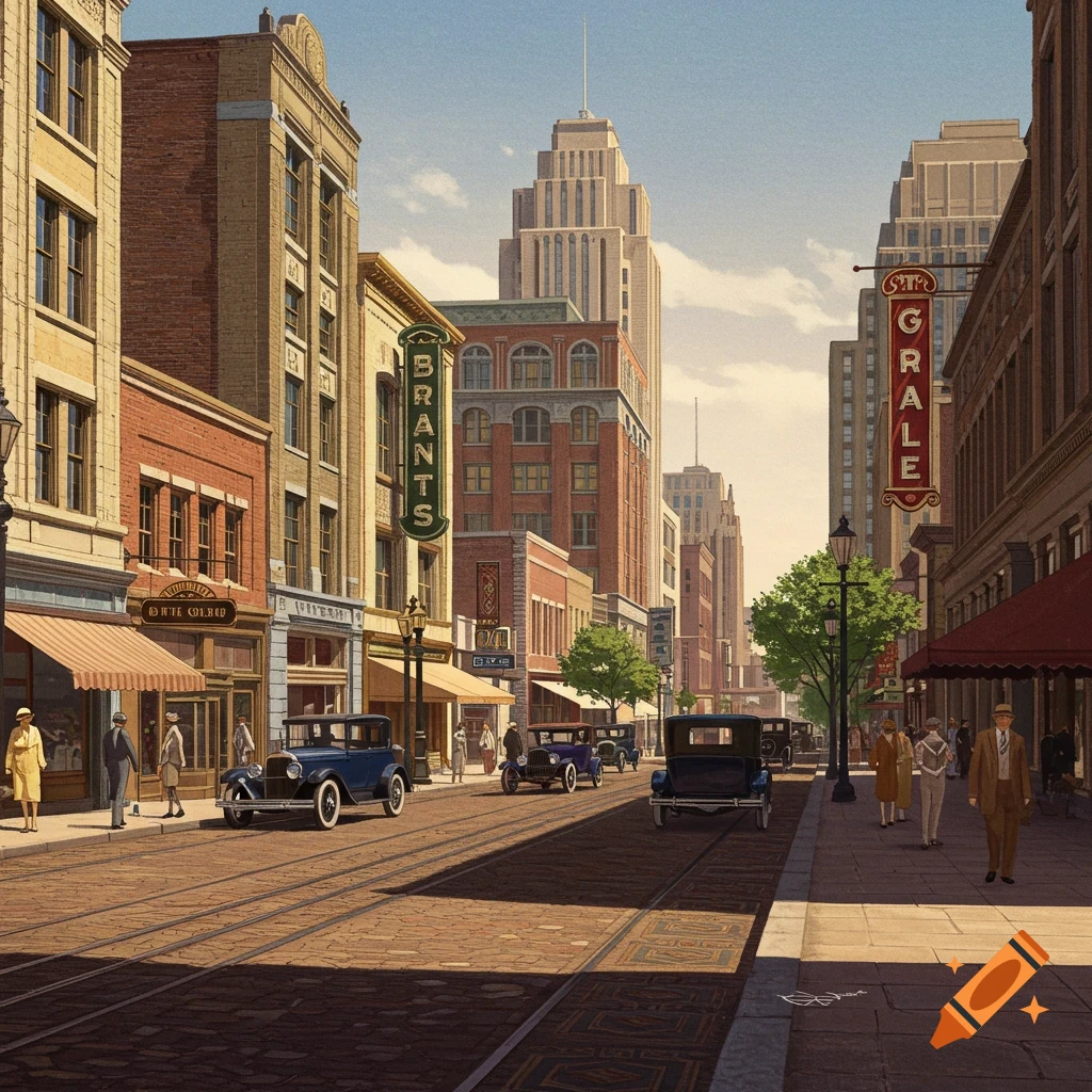 A 1920s city street with art-deco buildings, vintage cars, and pedestrians.