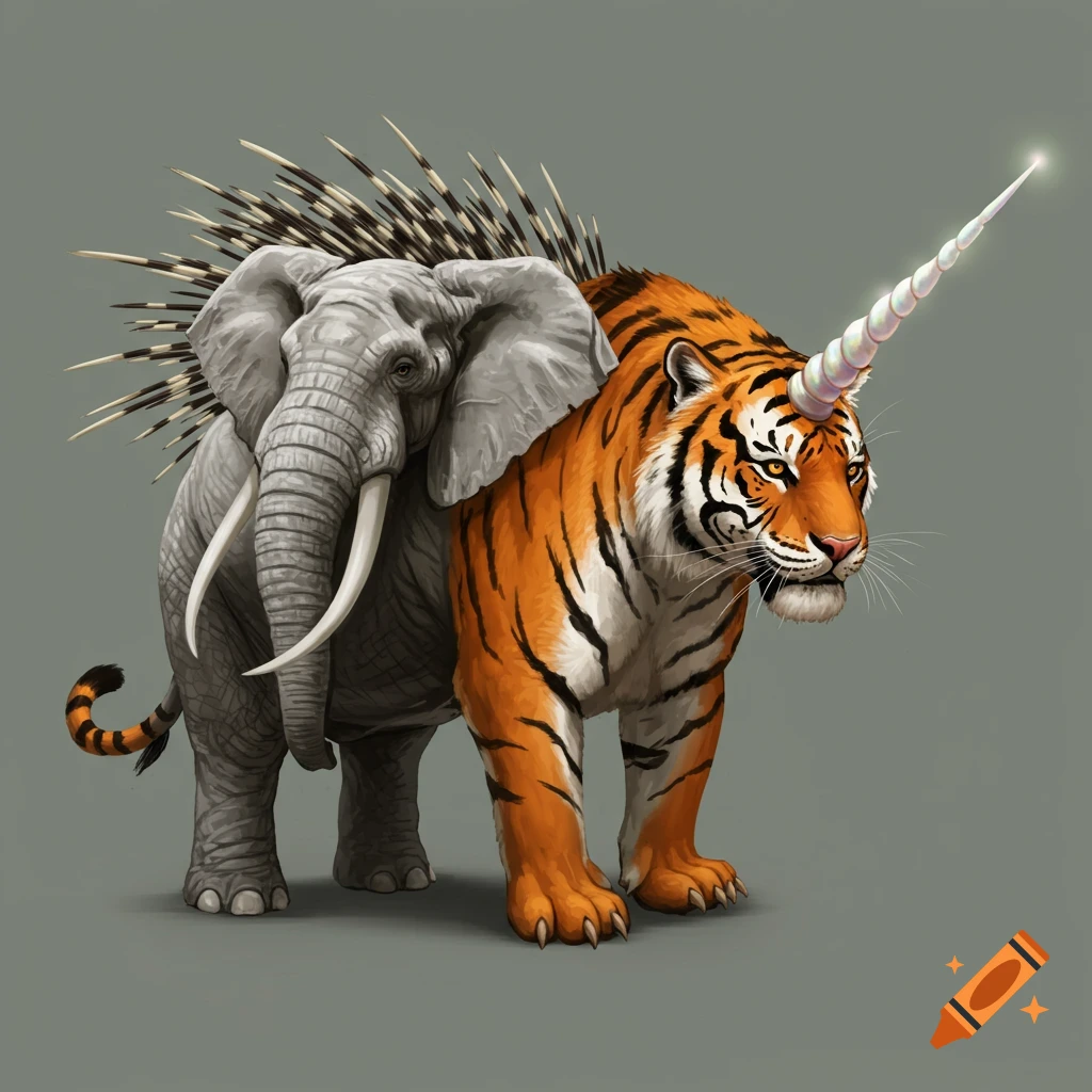 A hybrid animal with the front of a tiger, the back of an elephant, porcupine quills, and a unicorn horn.