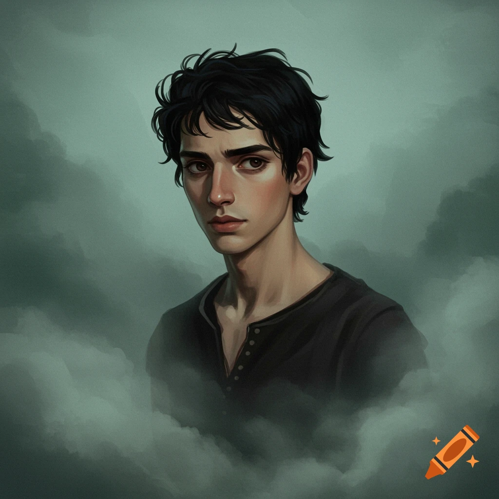 A melancholic young man with dark hair in mist.