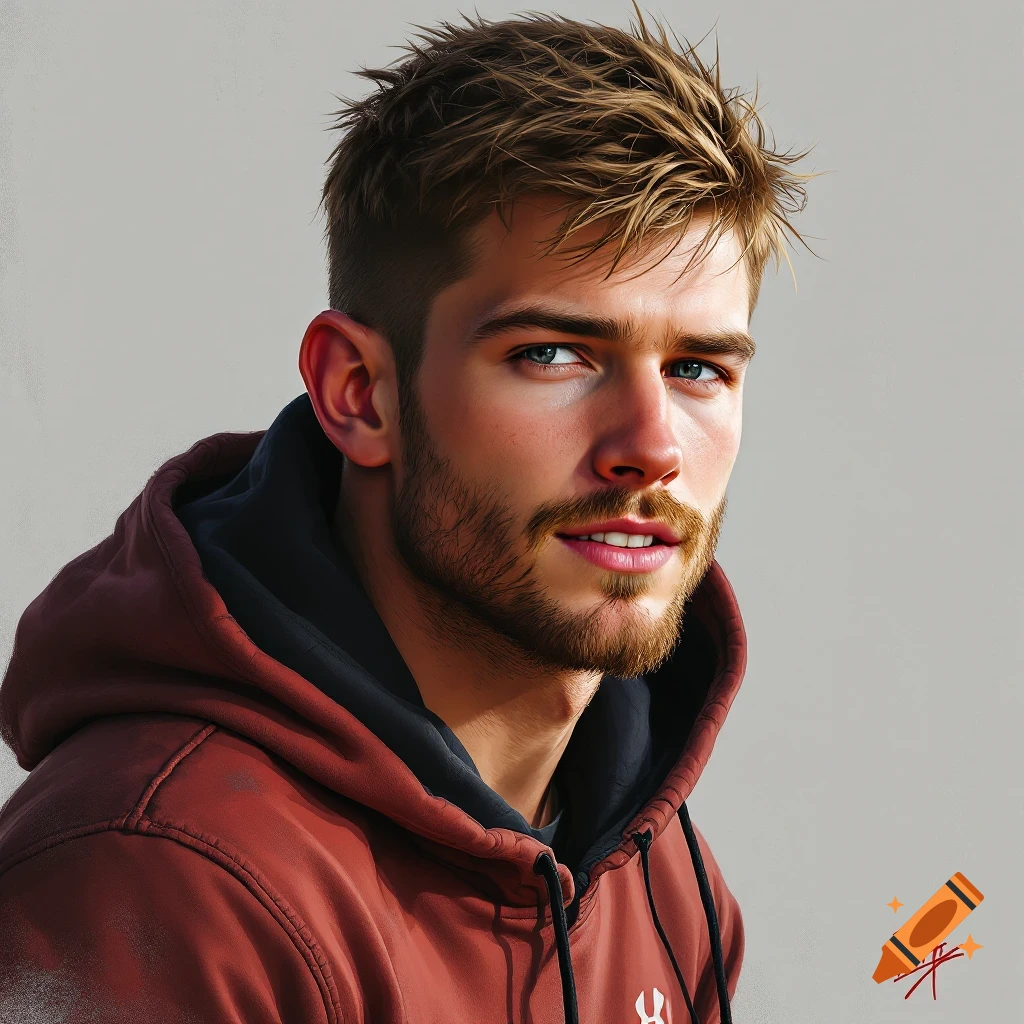 Portrait of a young man with a beard wearing a reddish-brown hoodie.